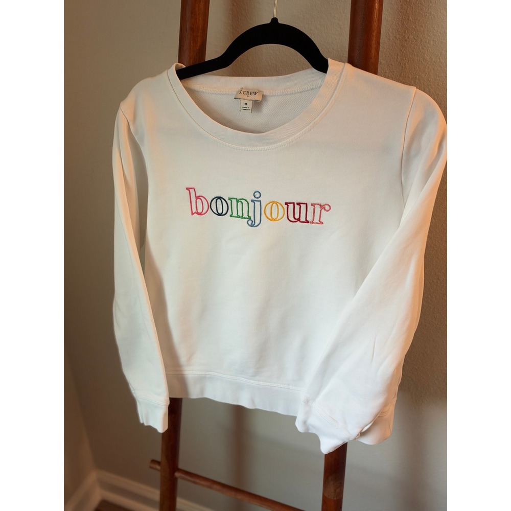 J.Crew Bonjour Embroidered Sweatshirt White Rainbow Graphic Pullover Womens M